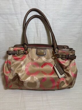 Coach Beige & Pink Signature Double-Handle Satchel